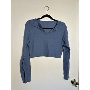 SHEIN Blue Waffle Knit Crop Top Long Sleeve V-Neck Women's Size Large